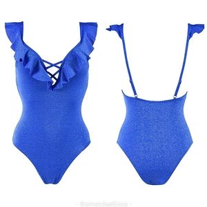 ASBAYSON Ruffle Trim Deep V Neck Lace Up Front Glitter Sparkle Blue Bodysuit